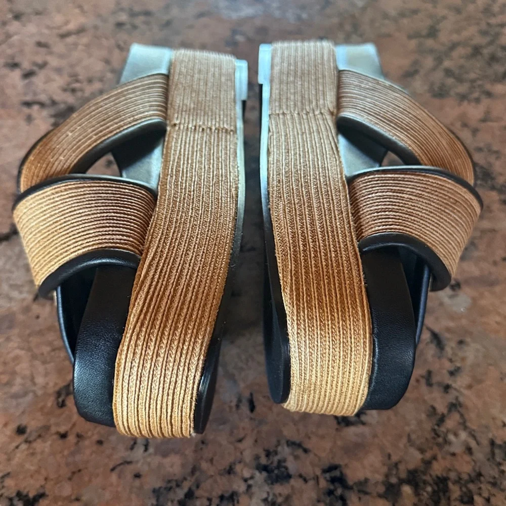Rebecca Minkoff Platform Raffia Slide Tan and Black Sandals 9